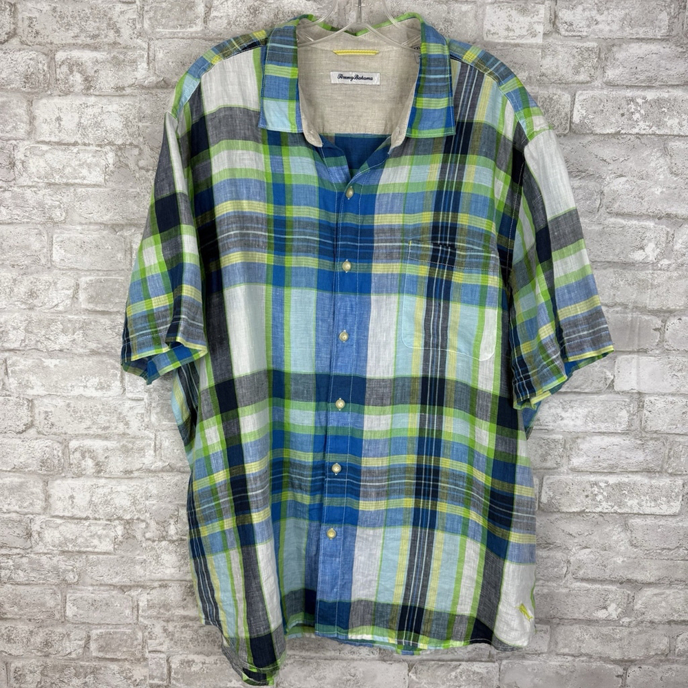 Tommy Bahama Linen Plaid Short Sleeve Button Up Shirt XXL‎ Mens Blue Green